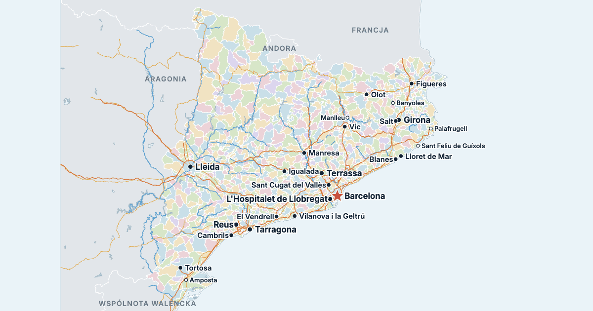 Mapa Katalonii z największymi miastami