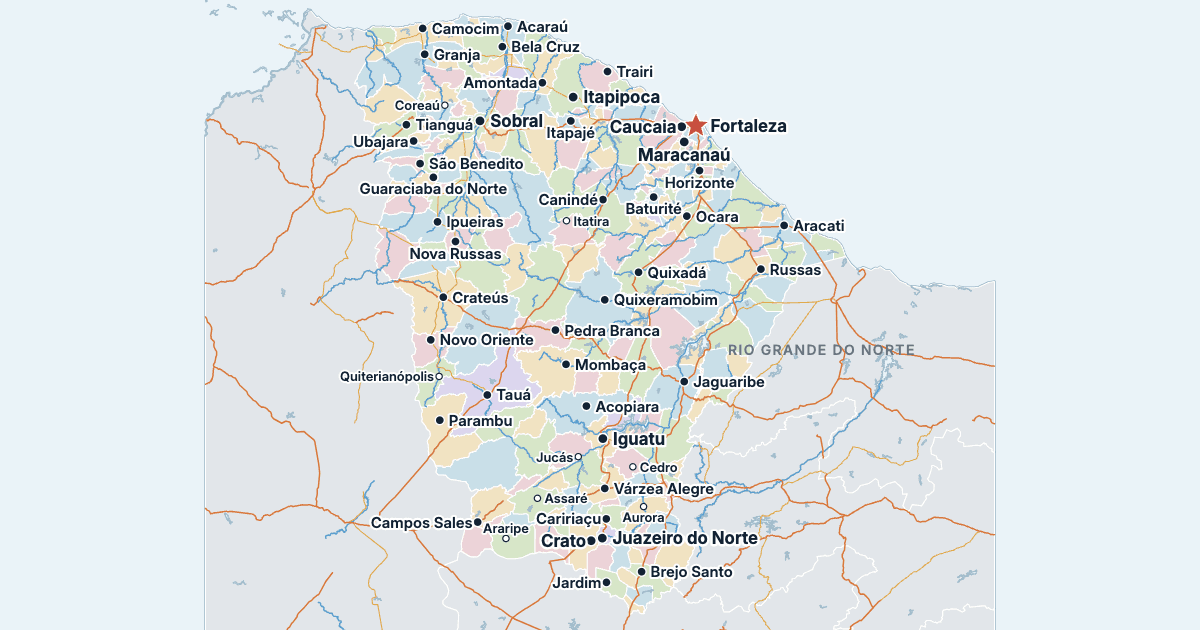 Mapa stanu Ceará z największymi miastami