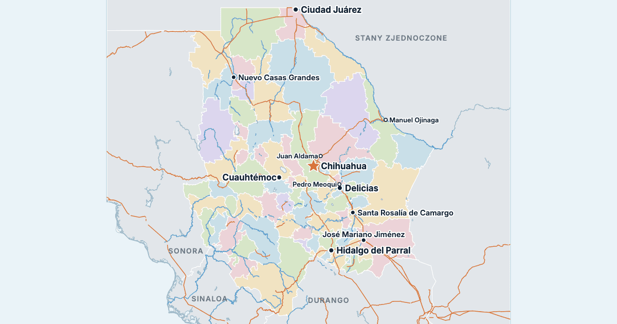 Mapa stanu Chihuahua z największymi miastami