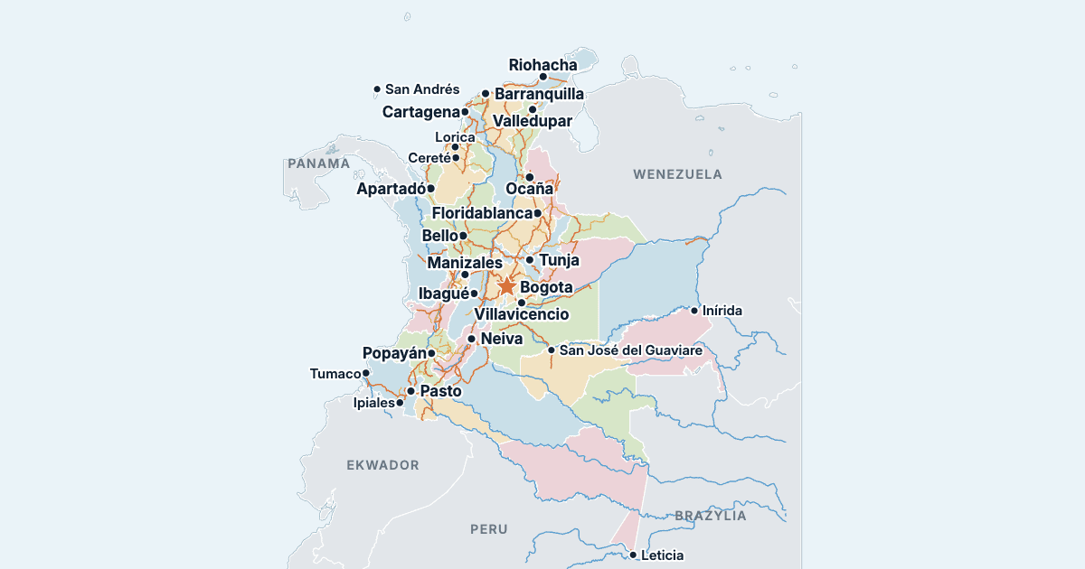 Mapa Kolumbii z największymi miastami