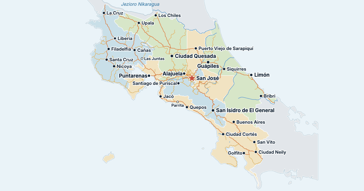 Mapa Kostaryki z największymi miastami