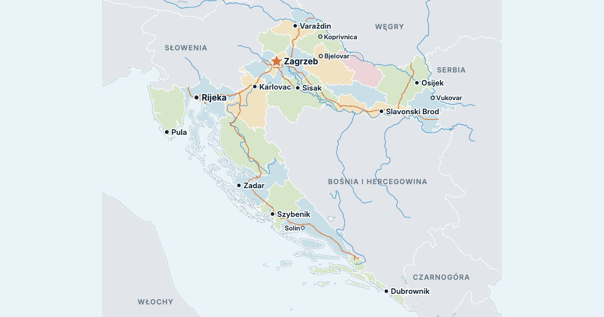 Mapa Chorwacji z największymi miastami