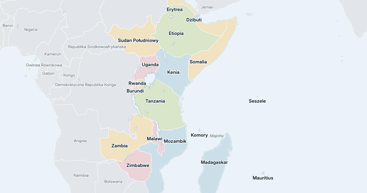 Mapa Afryki Wschodniej: wszystkie państwa z nazwami