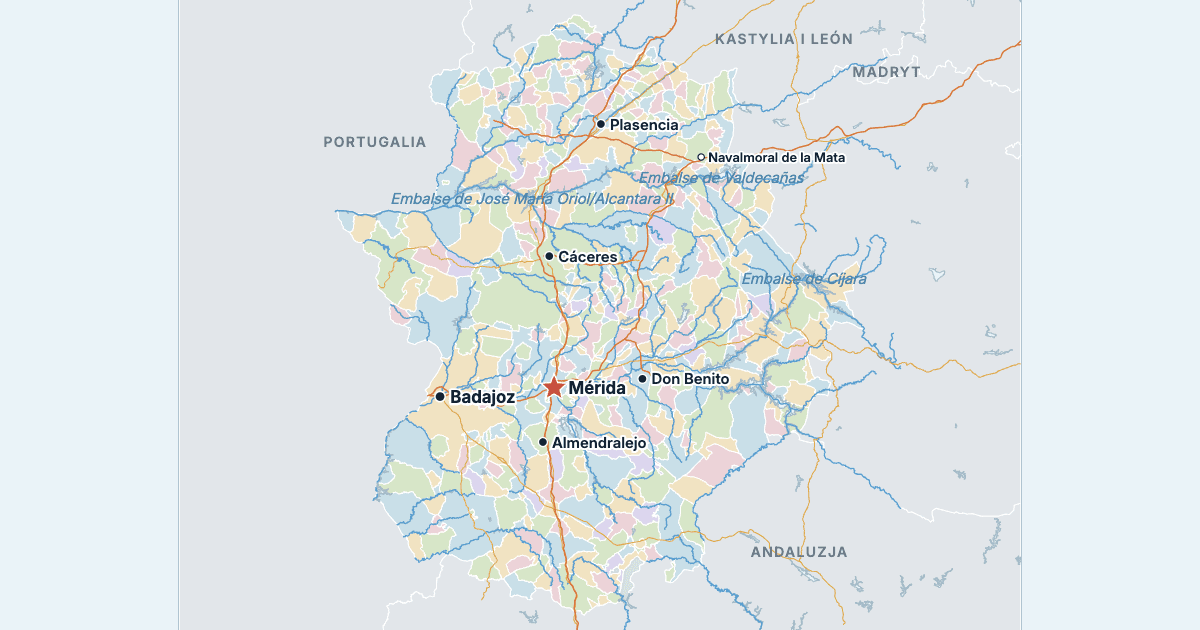 Mapa Estremadury z największymi miastami