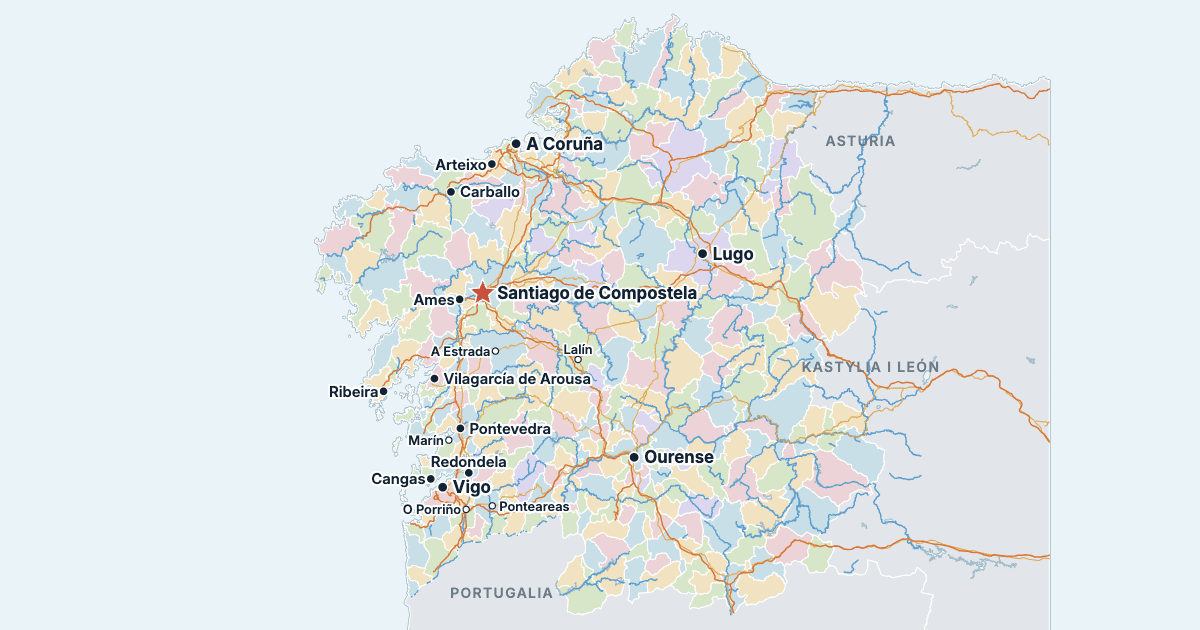 Mapa Galicji (Hiszpania) z największymi miastami