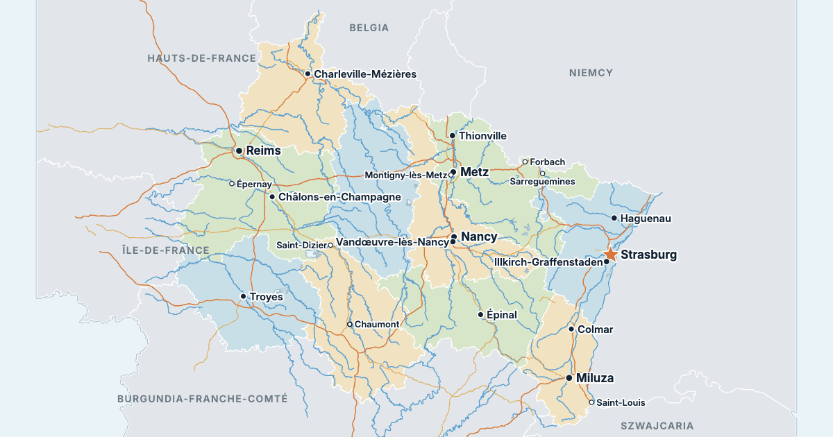 Mapa regionu Grand Est z największymi miastami