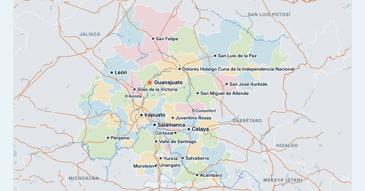 Mapa stanu Guanajuato z największymi miastami