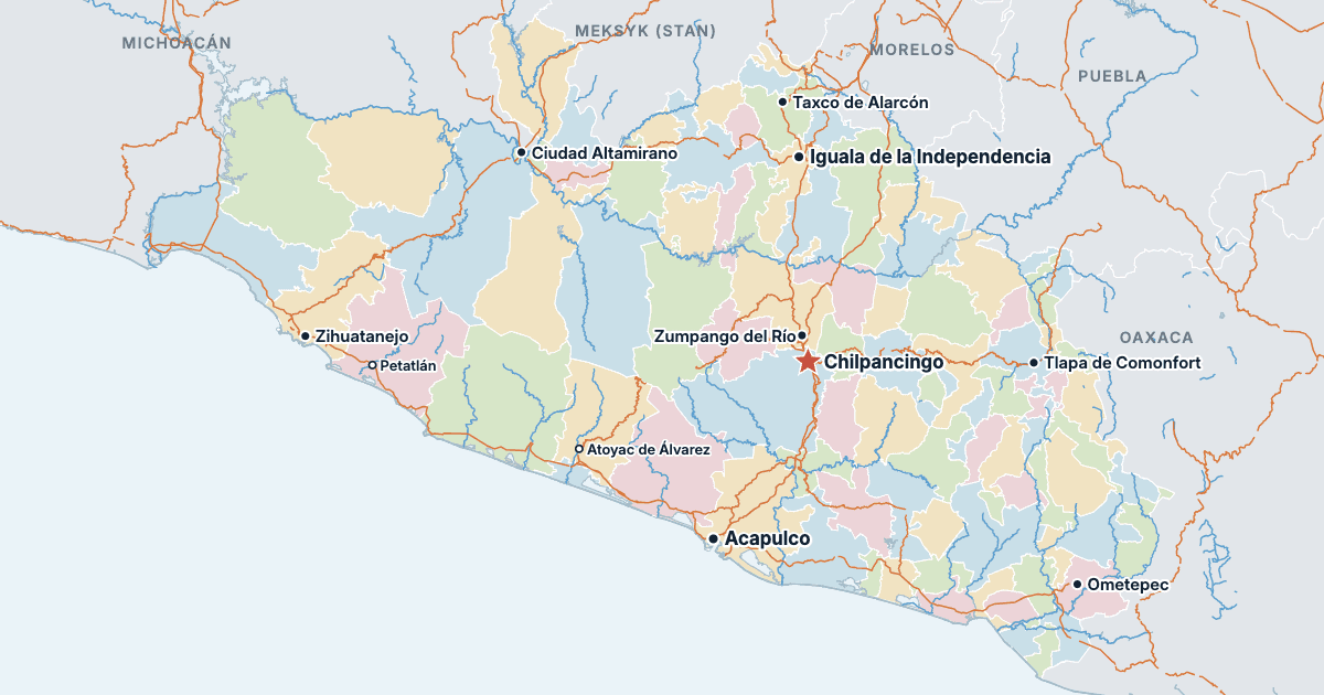 Mapa stanu Guerrero z największymi miastami