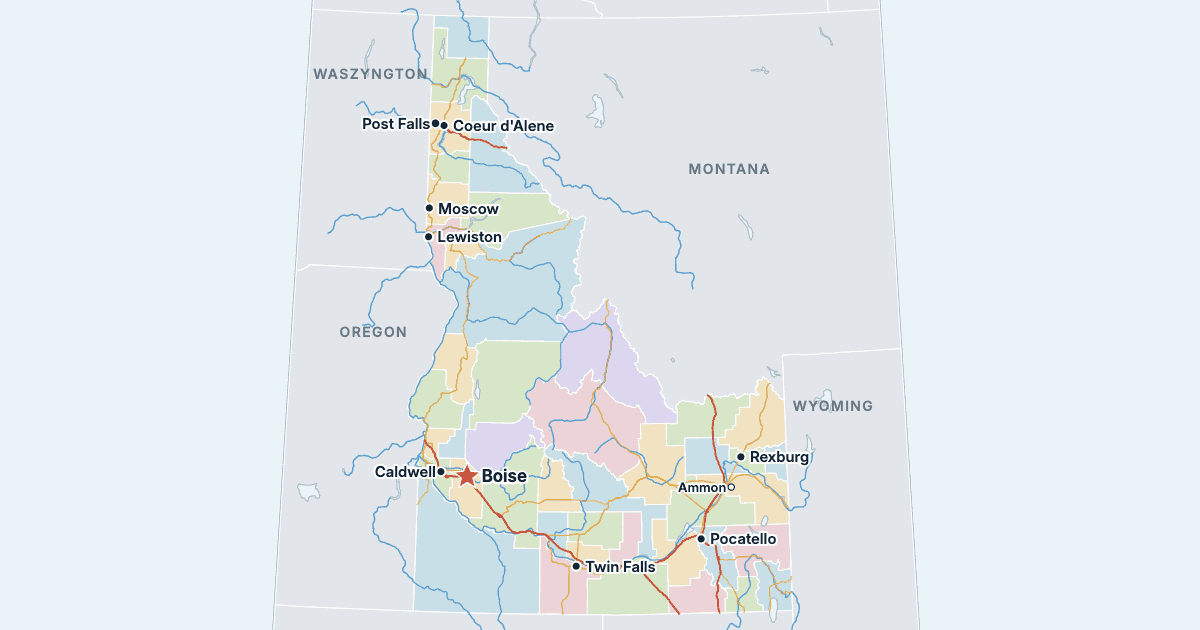 Mapa stanu Idaho z największymi miastami
