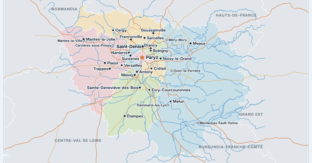 Mapa regionu Île-de-France z największymi miastami