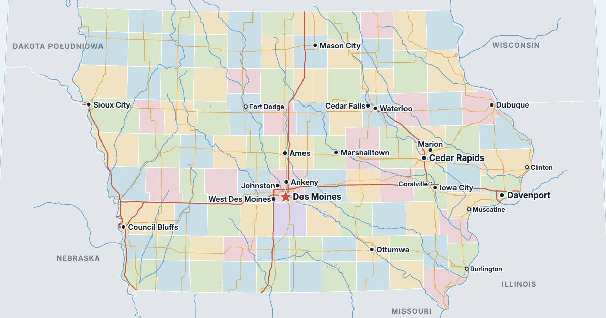 Mapa stanu Iowa z największymi miastami