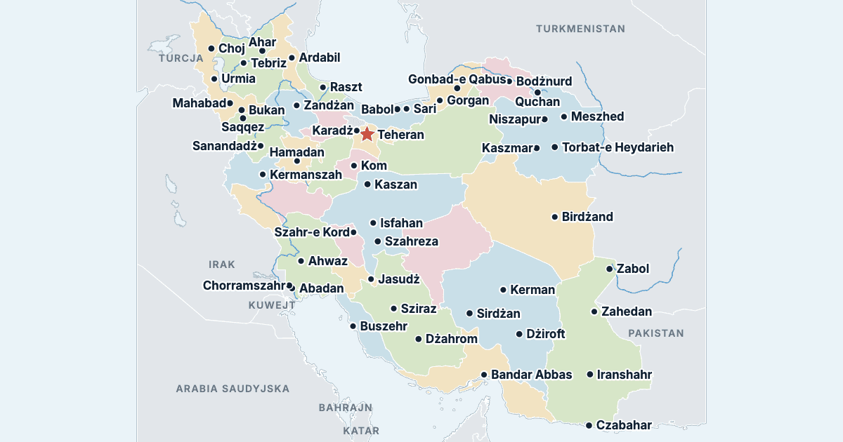 Mapa Iranu z największymi miastami