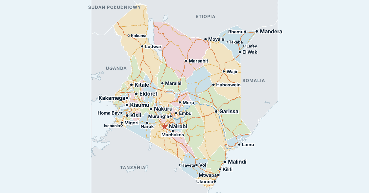 Mapa Kenii z największymi miastami