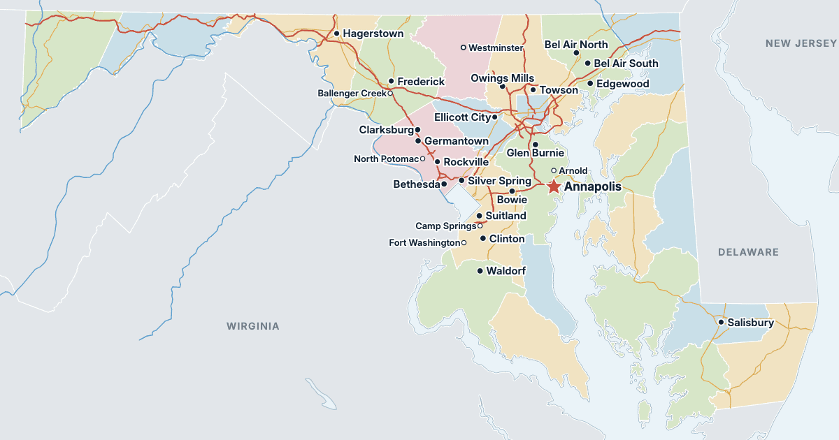 Mapa stanu Maryland z największymi miastami
