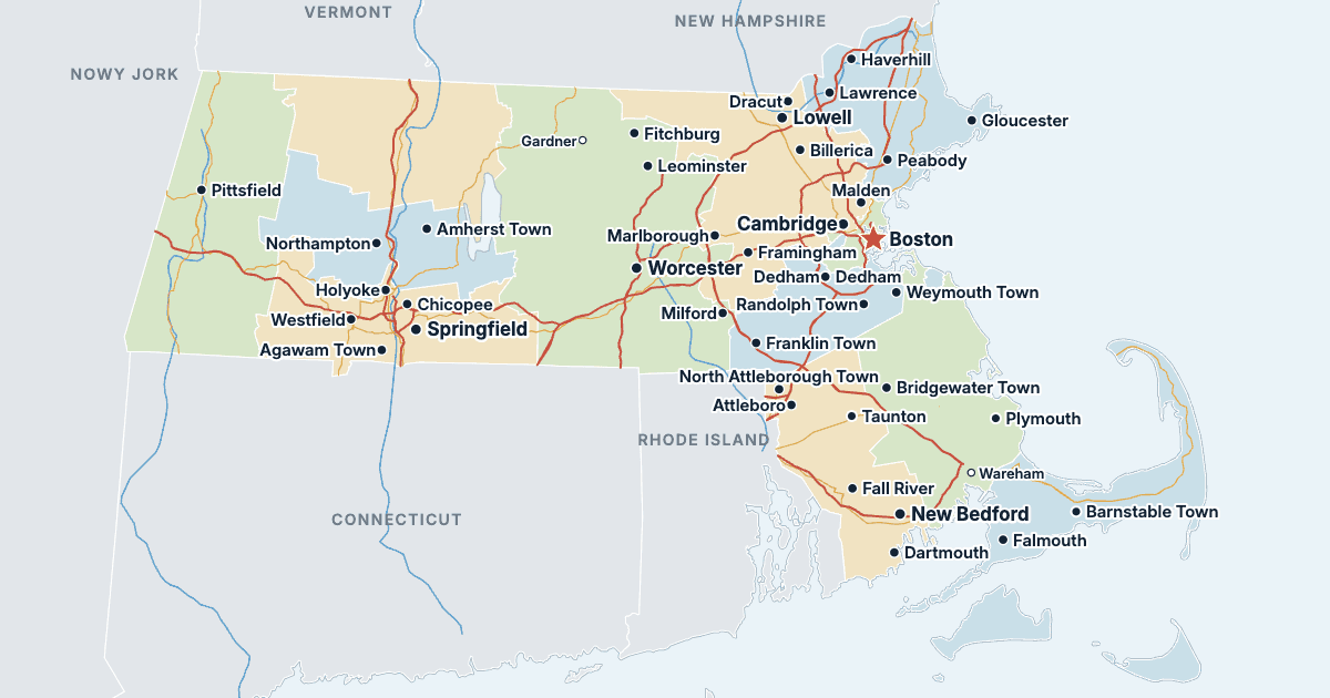 Mapa stanu Massachusetts z największymi miastami