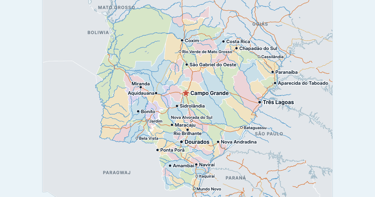 Mapa stanu Mato Grosso do Sul z największymi miastami