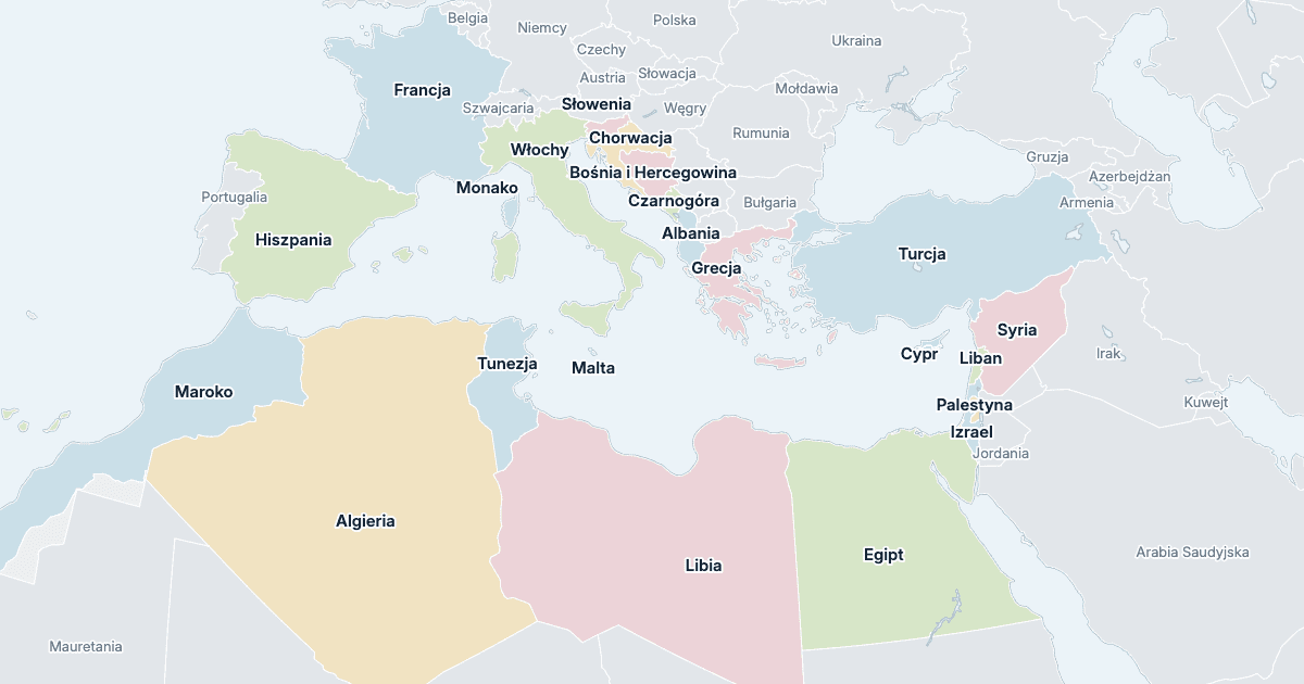 Mapa Morza Śródziemnego: wszystkie państwa z nazwami