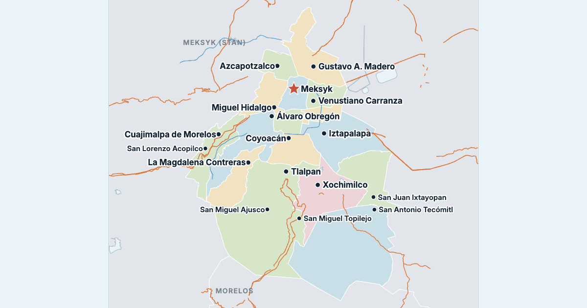 Mapa miasta Meksyk z największymi miastami