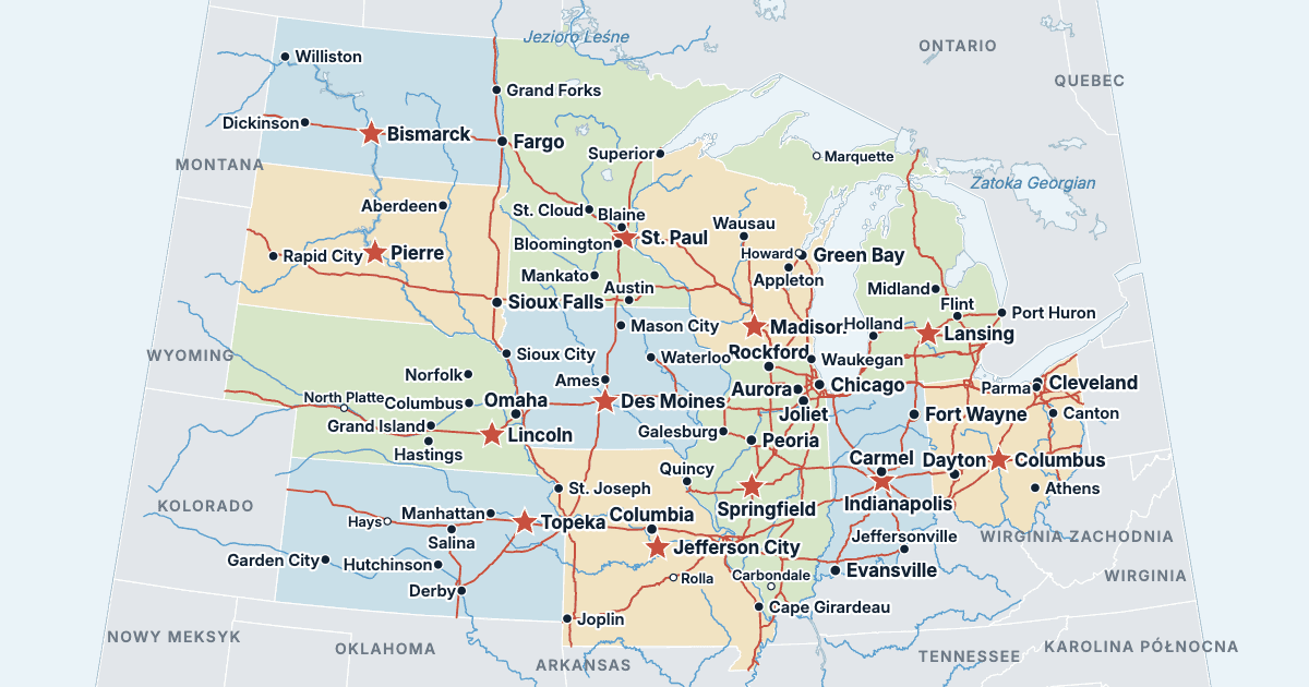 Mapa Środkowego Zachodu USA ze stanami i największymi miastami