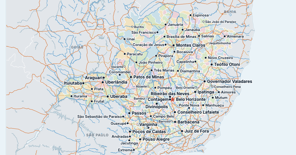 Mapa stanu Minas Gerais z największymi miastami