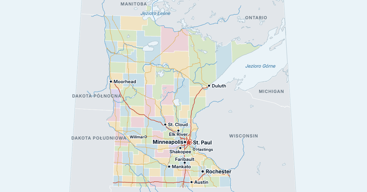 Mapa Minnesoty z największymi miastami