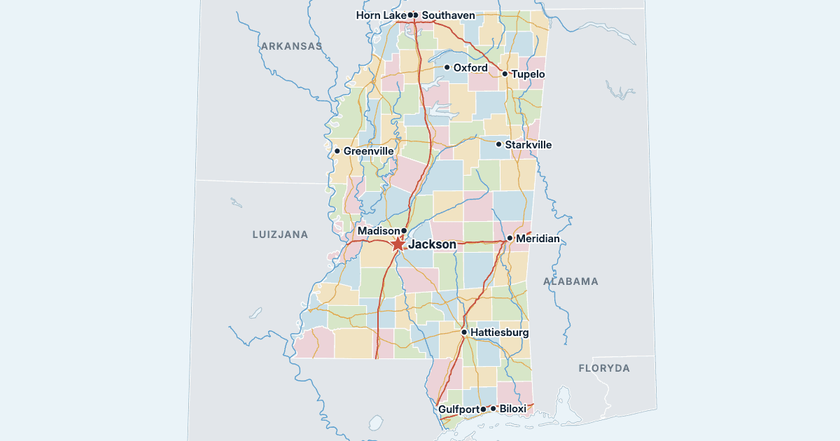 Mapa stanu Missisipi z największymi miastami