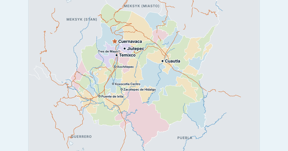 Mapa stanu Morelos z największymi miastami