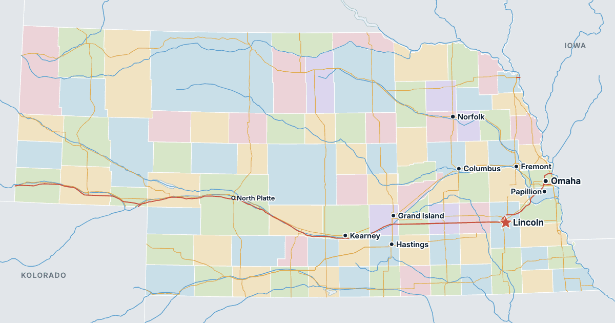 Mapa Nebraski z największymi miastami