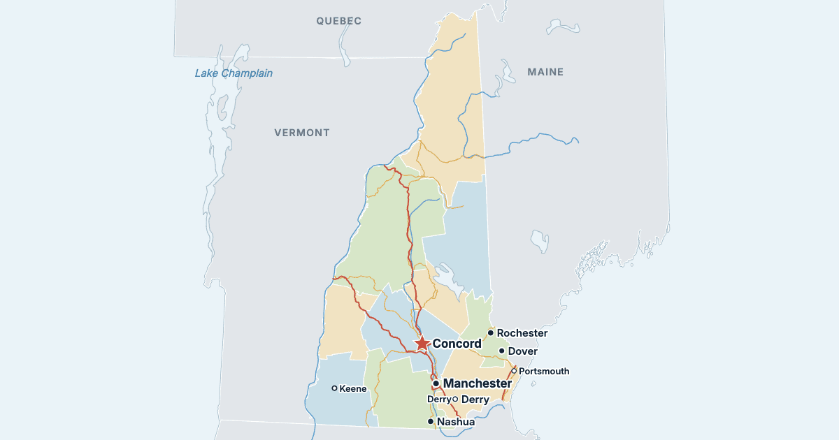 Mapa stanu New Hampshire z największymi miastami