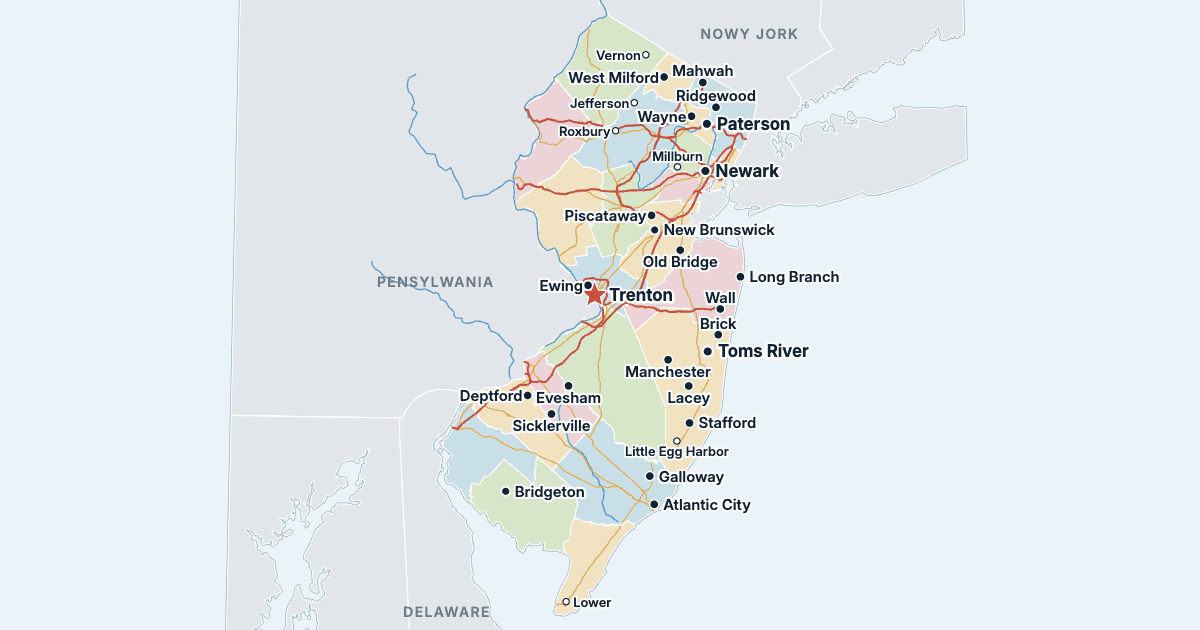 Mapa stanu New Jersey z największymi miastami