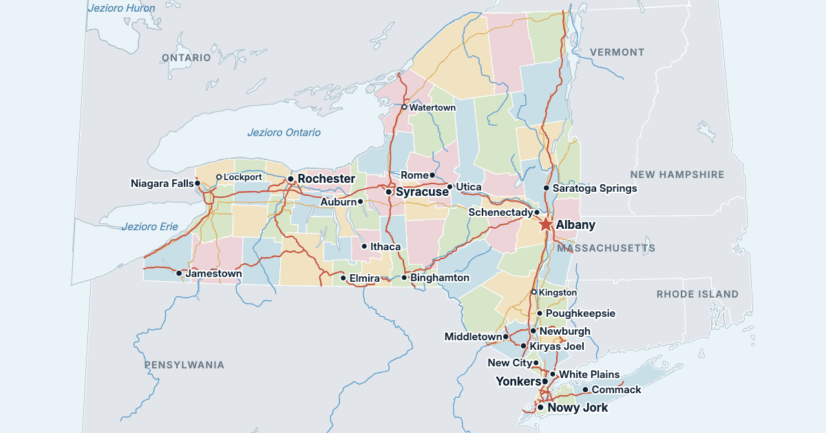 Mapa stanu Nowy Jork z największymi miastami