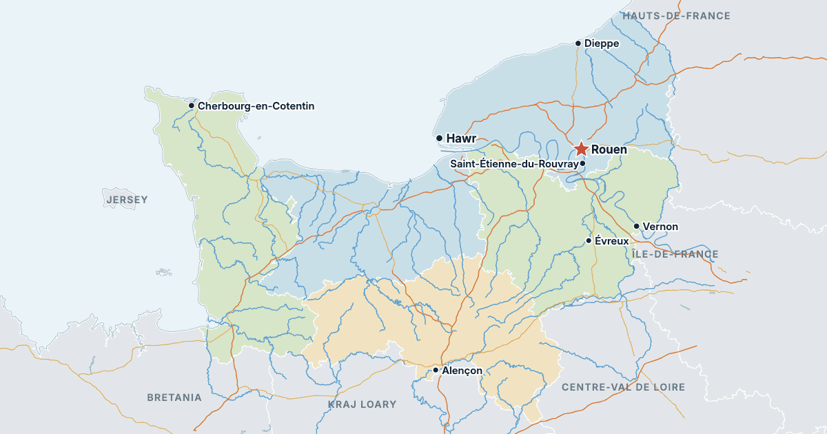 Mapa Normandii z największymi miastami