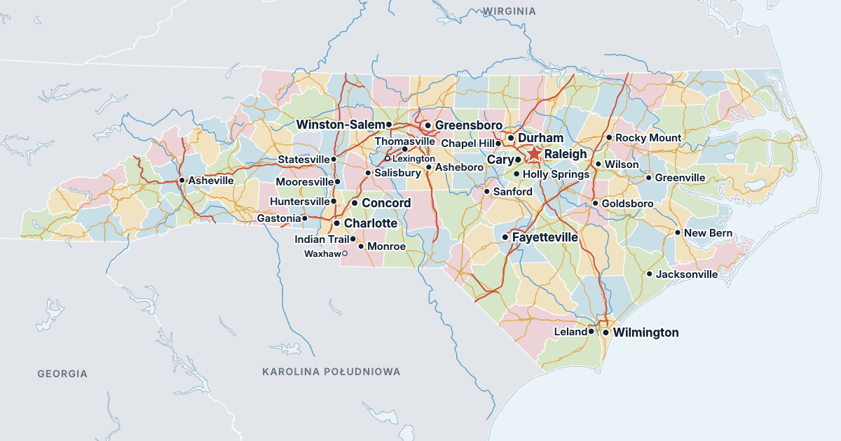 Mapa Karoliny Północnej z największymi miastami