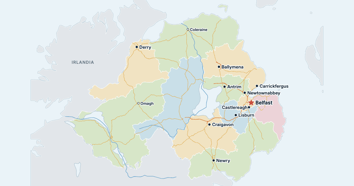 Mapa Irlandii Północnej z największymi miastami