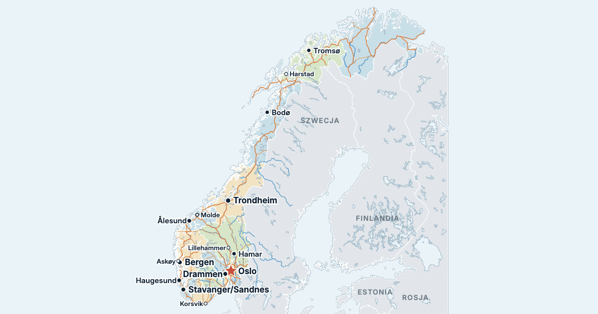 Mapa Norwegii z największymi miastami