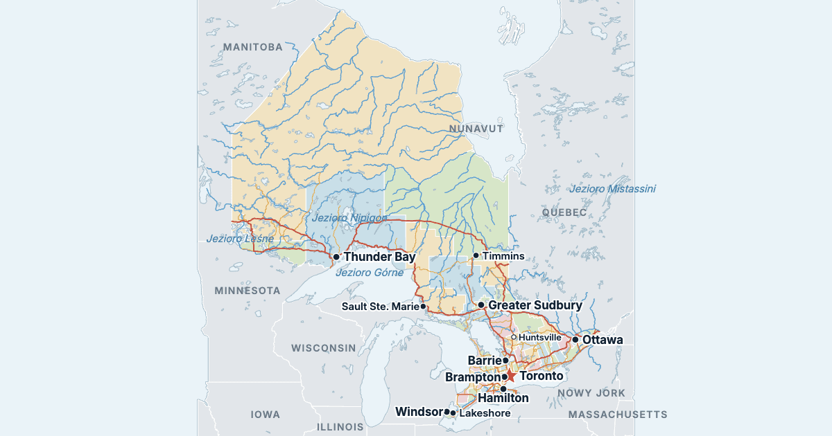 Mapa prowincji Ontario z największymi miastami