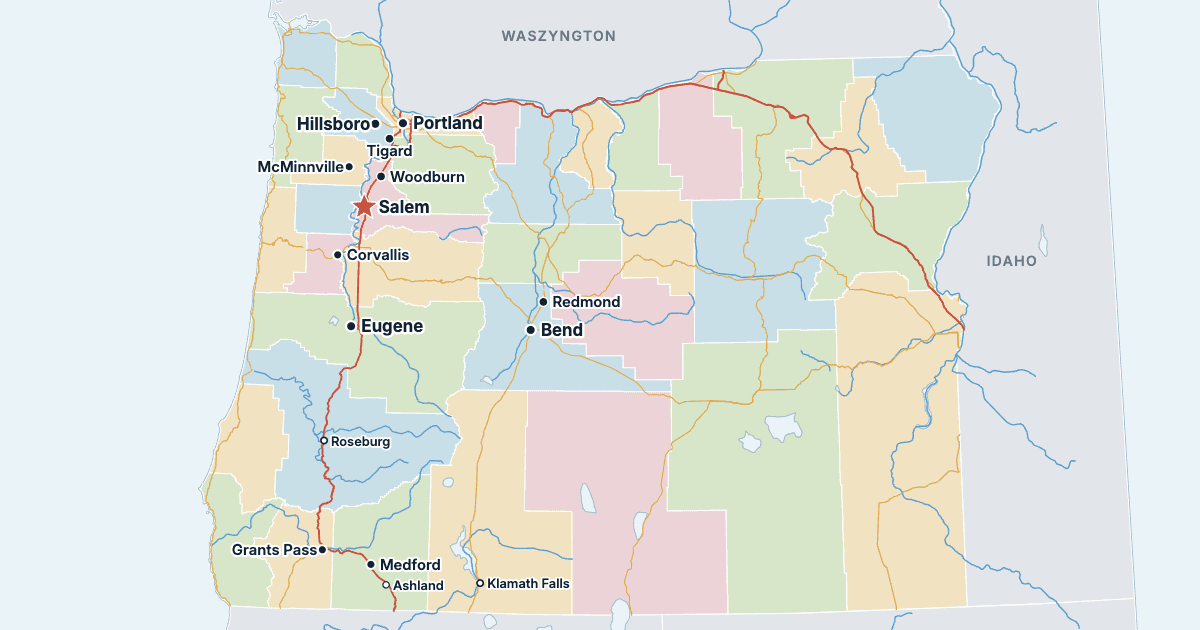 Mapa Oregonu z największymi miastami