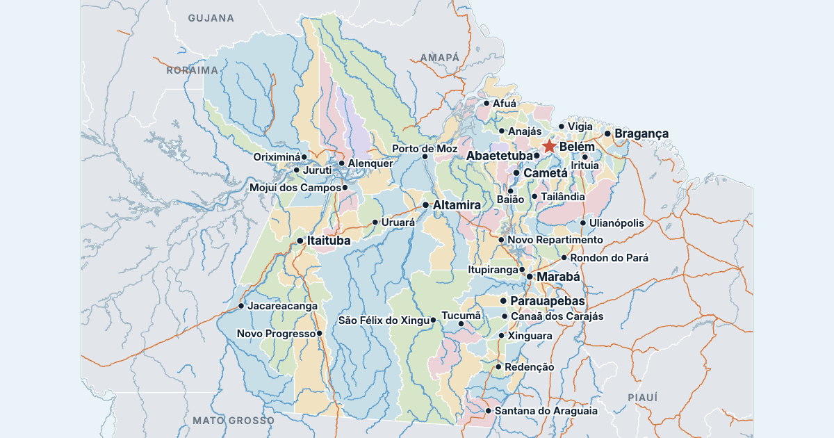 Mapa stanu Pará z największymi miastami