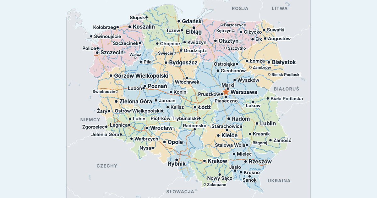 Mapa Polski z największymi miastami
