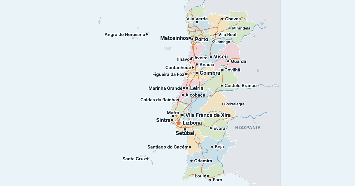 Mapa Portugalii z największymi miastami