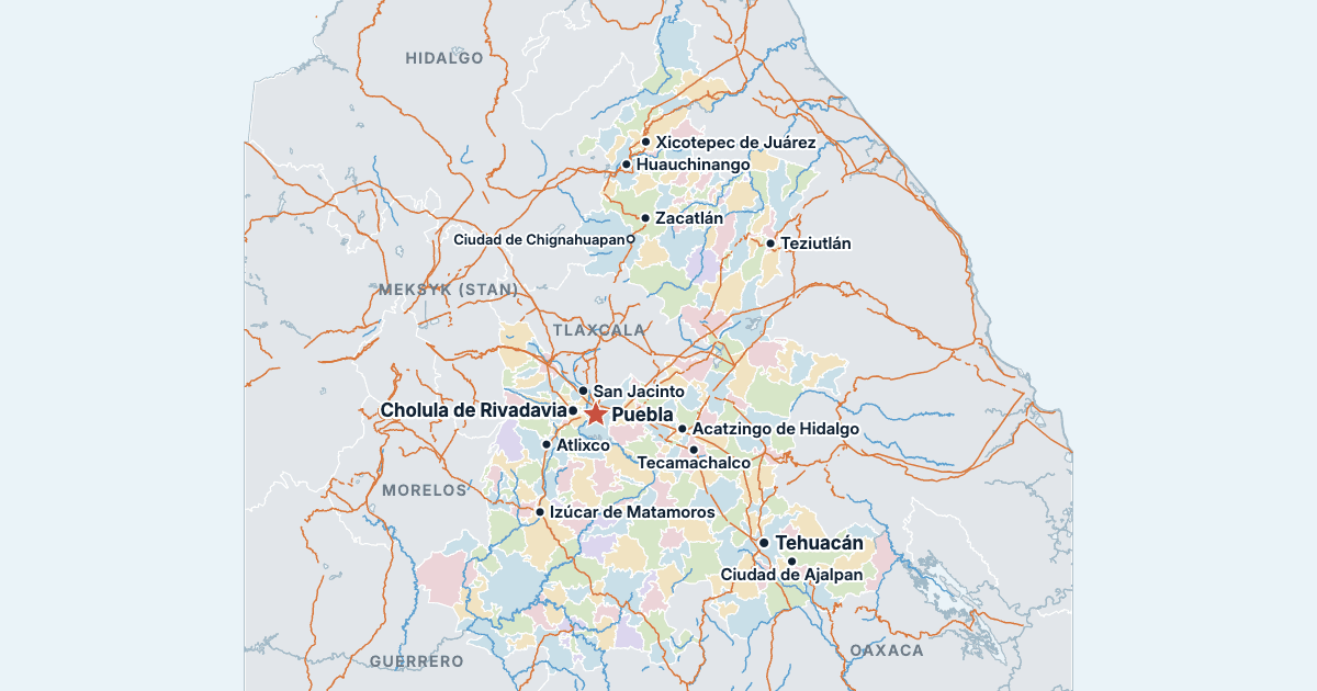 Mapa stanu Puebla z największymi miastami