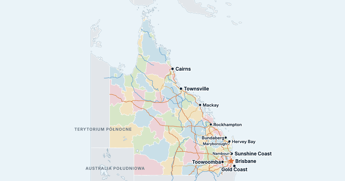 Mapa Queenslandu z największymi miastami