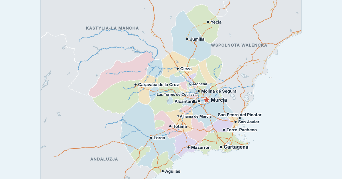 Mapa Regionu Murcji z największymi miastami