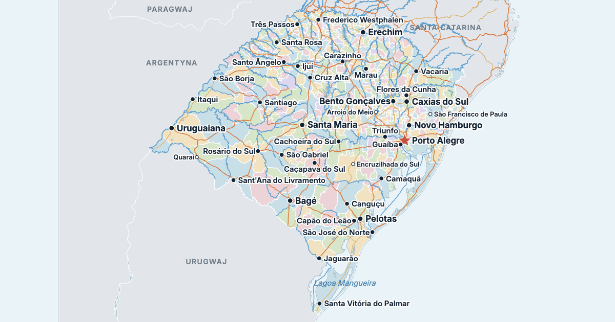 Mapa stanu Rio Grande do Sul z największymi miastami