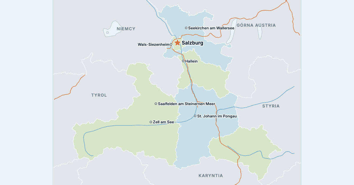 Mapa kraju związkowego Salzburg z największymi miastami