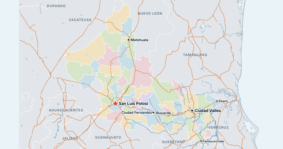 Mapa stanu San Luis Potosí z największymi miastami