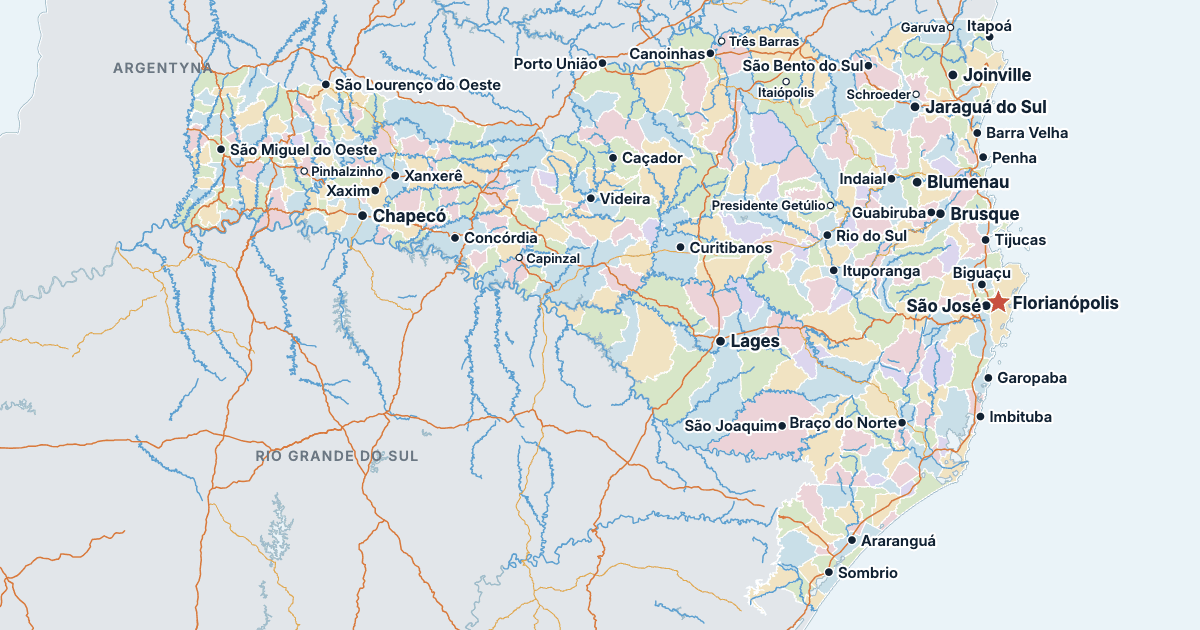 Mapa stanu Santa Catarina z największymi miastami