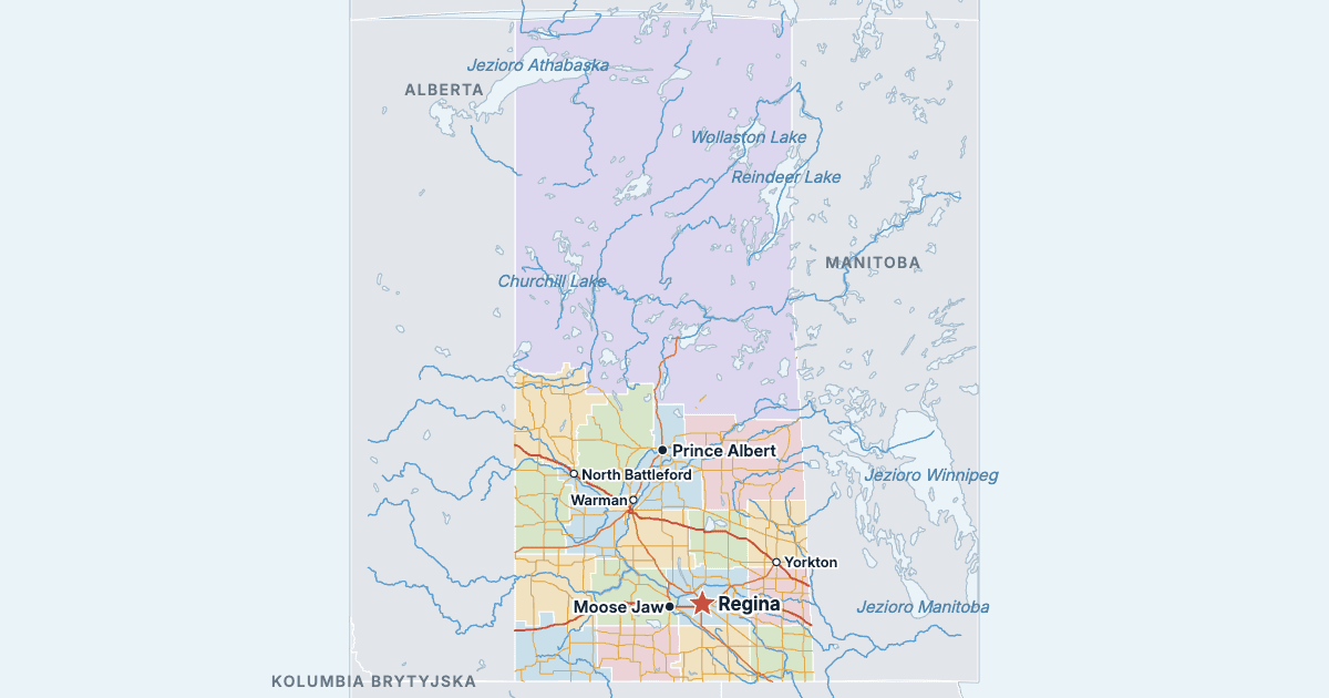 Mapa prowincji Saskatchewan z największymi miastami