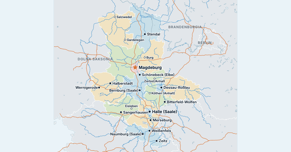 Mapa Saksonii-Anhalt z największymi miastami