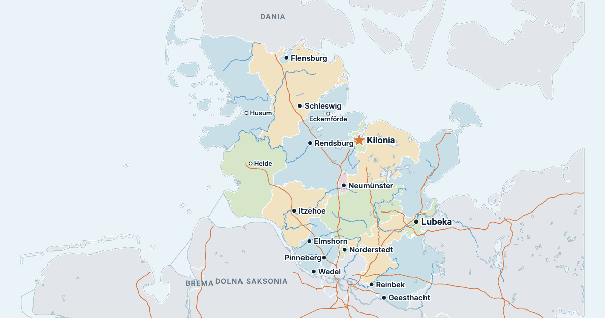Mapa Szlezwiku-Holsztynu z największymi miastami